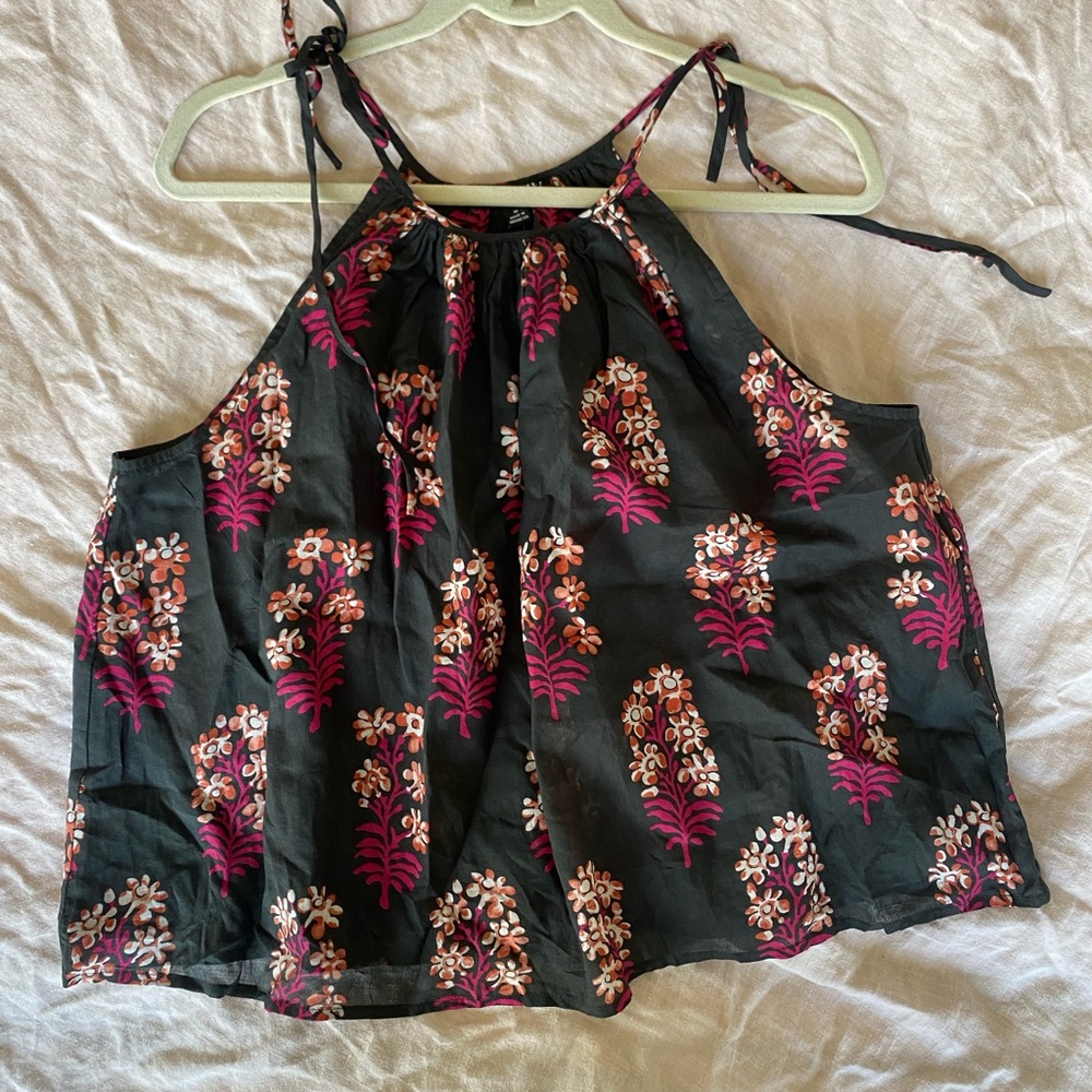 J. Crew Black and Pink Crop Tie Front Camisole